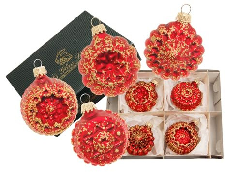 Krebs Glas Lauscha - Weihnachtsdekoration/Christbaumschmuck aus Glas - Glaskugelform - Farbe: Rot - Menge: 4 Stück- Motiv: Sterne - Größe: 5 cm