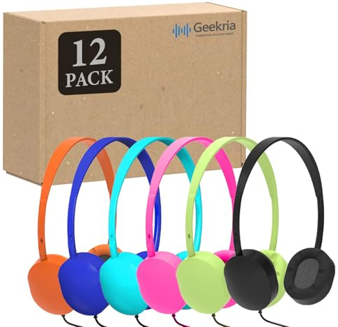 GEEKRIA 12 Pack Wired Headphones for Classroom, Adjustable On-Ear Headphones, Kids Children Headset for Schools, Student, Libraries, Computer Lab, Testing Centers, Bulk Pack (Oval Earcups)