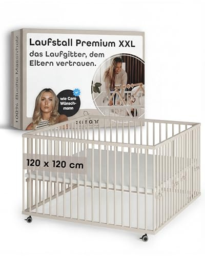 Sämann Baby Laufstall aus Holz I Baby Laufgitter 120x120 cm Sahara Dust I Robuster & höhenverstellbarer Laufstall aus Buchenholz I Mit gummierten Rollen & TÜV geprüft