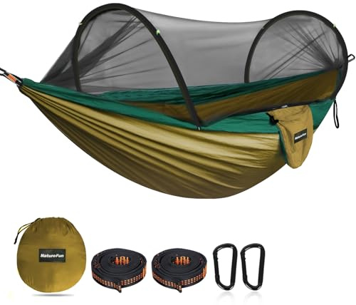 NATUREFUN Ultra-Light Reisecamping Hängematte Moskitonetz Hängematte | 300 kg Tragkraft, atmungsaktiv Schnelltrocknendes Fallschirm-Nylon | 2 Premium Karabiner, 2 Nylonschlingen inklusive