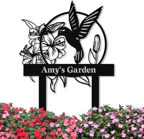 Personalized Garden Signs with Stake, Custom Hummingbird Garden Signs for Outdoor Metal Waterproof, Customized Metal Name Sign, Hummingbird Lily Home Patio Yard Decor