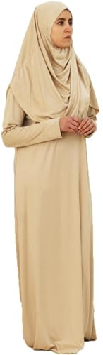 Safwa® Gebetskleid mit integriertem Hijab – Abaya Mastour Jersey dehnbar – Islamisches Outfit bequem und blickdicht – ideal für Moschee oder Zuhause – Einheitsgröße 36-42 – Hergestellt in Ägypten