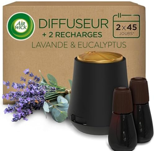 Air Wick Diffuseur d’huiles Essentielles Brume Parfumée+ 2 Recharges 20 ml Parfum Lavande et Eucalyptus