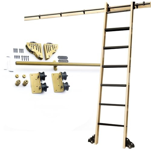 DMCHENGMA Gold Carbon Steel Rolling Ladder Hardware Kit 3.3ft - 24ft Bookcase Sliding Track Mobile Ladder Hanging Rail (No Ladders)(24ft/732cm Track kit)