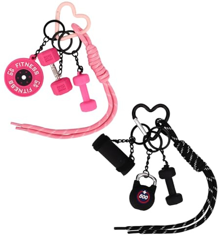 Sinbana 2pcs Gym Keychain Gift, 2 Color Fitness Key Chain with Dumbbell Kettlebell Barbell Plate Keyring Charsm for Girl Men Women Sports Lovers Trainer Friends Family(Black & Pink)