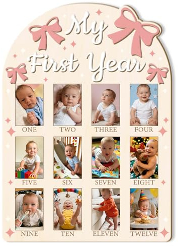 ORIGACH Rosa Schleife Baby Bilderrahmen, Mein erstes Jahr Foto Display Holzbrett, 12 Monate Neugeborenen Meilensteine Bilderrahmen für Baby Geburtstags, Kinderzimmer Dekorationen