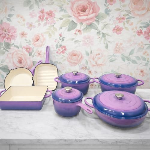 Enamel Cast Iron Cookware Set, 7 Pieces, Lavender to Purple Ombré, Induction Compatible, Non-Stick, Includes Pots, Pans, Grill, Bakeware