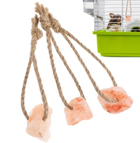 FRCOLOR 3 Stück Kauspielzeug für Kleine Haustiere mit Mikroelementen Salzlecksteine mit Seil Zahnpflegendes Mineralstoff für Kaninchen Hamster und Eichhörnchen