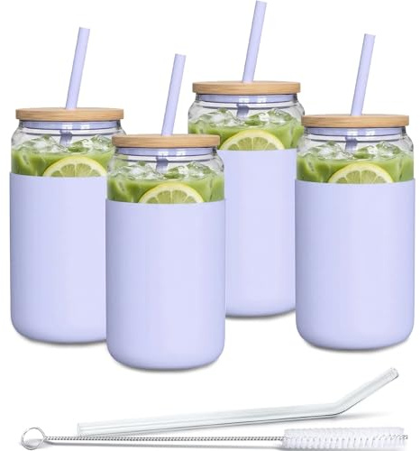Aquafloow 4x Bicchiere con cannuccia e coperchio 500 ml | Bicchieri con rivestimento in silicone | Set di bicchieri con 2 cannucce e 1 bastoncino per la pulizia | Per tè, frullati, caffè - Viola