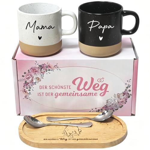 Mama Papa Geschenke Tassen Set mit Holztablett & Löffeln von Kindern | Romantisches Geschenkset für Mama und Papa Eltern, Geburtstagsgeschenk Weihnachten Jahrestag Geschenk mit Geschenkbox
