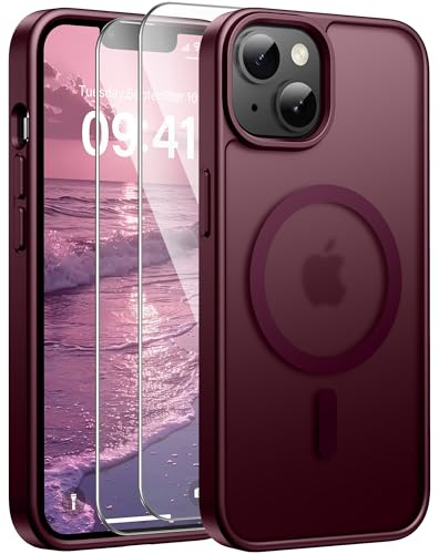 Opkiegrn für iPhone 14 Hülle/13 Hülle, Kompatibel mit MagSafe, Weinrot | mit 2 Stück Panzer Schutz Glas Folie, Stoßfest Kratzfest Transluzente Matt Handyhülle für iPhone 14/iPhone 13