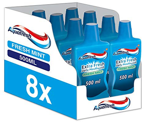 Aquafresh Mouthwash Extra Fresh Daily Mouthwash Fresh Mint, from 6 Years to Adults, Pack of 8 x 500ml