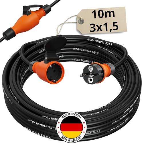 Verlängerungskabel 10 Meter IP54 Außen Verlängerung 10m Stromkabel Außenbereich Kabel Strom Verlaengerungskabel Gummikabel H07rn-F 3x1,5 Schuko Outdoor Extension Cord