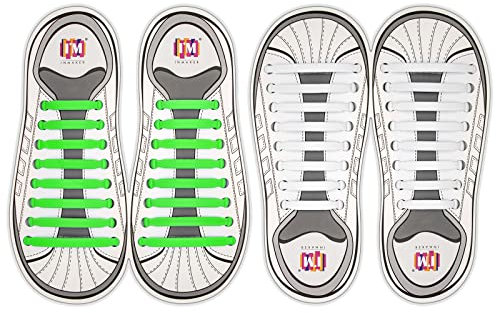 INMAKER Cordones elásticos de silicona sin nudos para zapatillas de correr para niños y adultos, 2 unidades, Kid(12pcs), Blanco/Verde (WHITE&GREEN)