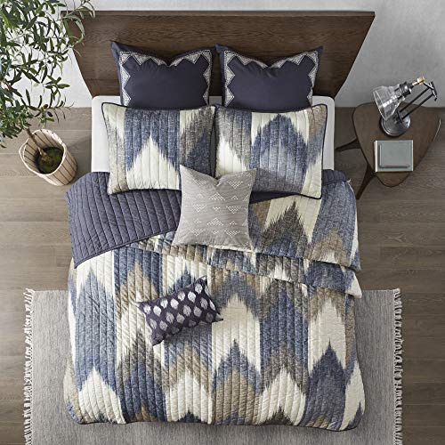 INK+IVY Reversible Cotton Quilt-Luxury Double Sided Stitching Design All Season, Breathable Coverlet Bedspread Bedding, Matching Shams, Full/Queen(88x92), Alpine Chevron Navy 3 Piece