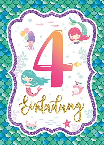 Junaversum 12 Einladungskarten zum 4. Kindergeburtstag Mädchen Meerjungfrau Einladungen vierte Geburtstag