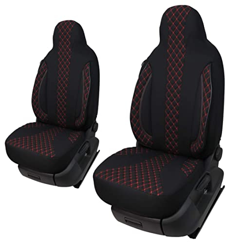 Maß Sitzbezüge Schonbezüge Pilotsitze Fahrer & Beifahrer Set kompatibel mit Wohnmobil FIAT Ducato, Pössl, Knaus, Adria, Carthago, Pilote Laika WPL402 Schwarz/Rote Naht
