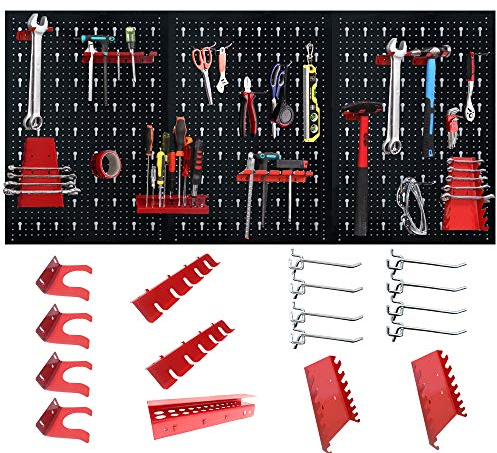Froadp 120x60x2cm Panel Perforado de Metal Estantería de Pared Organizador Herramientas Pared con 17 Ganchos Sistema de Almacenamiento para Hogar Cobertizo Taller o Garaje (Negro+Rojo)
