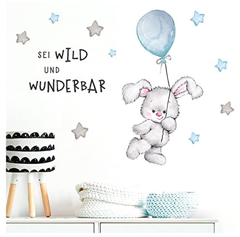 Little Deco Aufkleber Spruch sei wild & Hase I Wandbild 123 x 89 cm (BxH) I Luftballon Wandbilder Wandtattoo Kinderzimmer Junge Tiere Deko Babyzimmer Kinder DL315