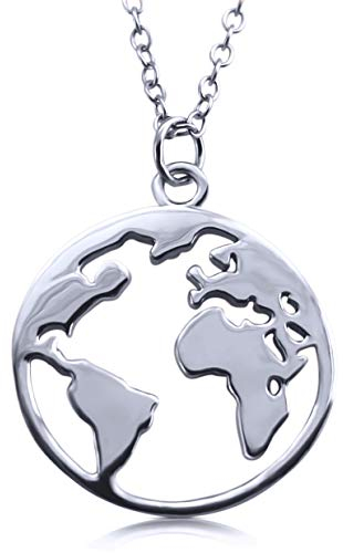 VIASOUL® Halskette Weltkugel I Weltkarte Für Damen aus 925er Silber I Mit 585er Gold überzogen I Die Original Welt Kette (Weißgold)