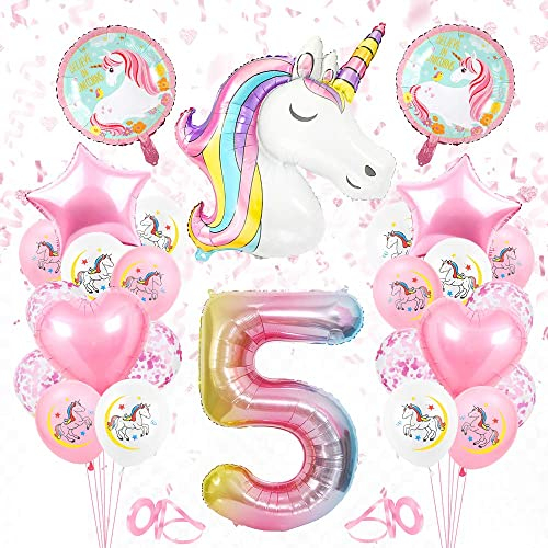 Einhorn 5 Geburtstag Deko, Geburtstagsdeko 5. Mädchen, Folienballon Einhorn Deko, 5 Jahr Geburtstag Luftballons Rosa, Einhorn Themen Ballons für 5 Jahre Mädchen Geburtstag Party