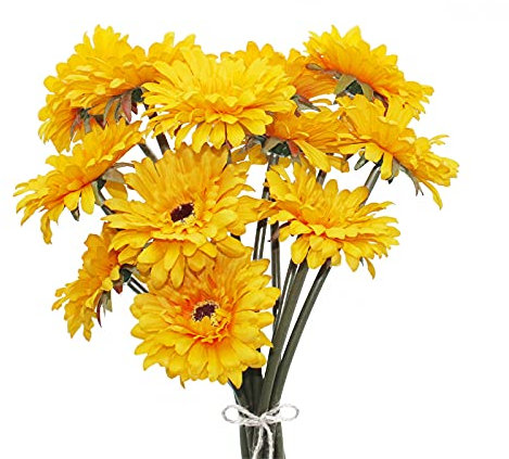 HASWITDA Künstliche Gerbera-Blumen, einzelner Stiel, Blumenstrauß, Kunststoff, Seide, künstliche dekorative Flora, für den Innen- und Außenbereich, Haus, Garten, Büro, Hotel, Hochzeit, Party, Gelb, 12