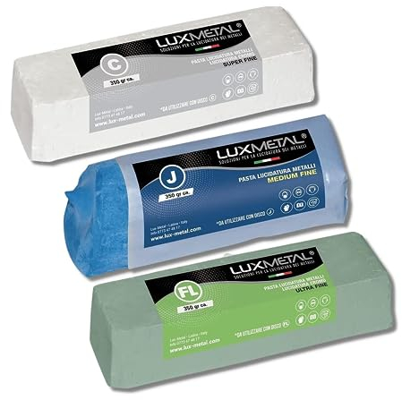 Lux Metal Kit 3 Pasta Abrasiva Lucidante 350 gr (FL-C-J) Set Lucidatura Acciaio Inox Cera Verde Solida Per Lucidare Metalli A Specchio Alluminio Cromature Legno Plexiglass Marmo Ottone Rame Plastica