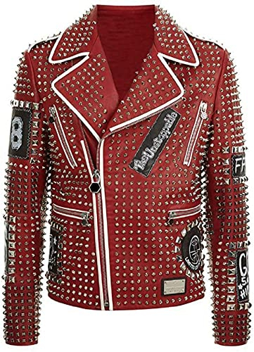 HiFacon Herren Motorradjacke mit Nieten, Retro-Stil, Rot Gr. XL, Rot – Lederjacke