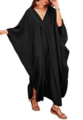 Bsubseach Women Casual Kaftan Batwing Sleeve Plus Size Swimsuit Cover Up Maxi Beach Dress Black