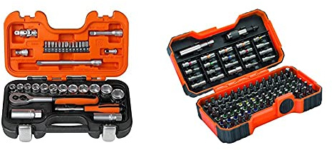 Bahco S330 Socket Set 34 Piece 1/4 and 3/8 Square Drive & BH59/S100BC 100 Pcs Bit Set for Slotted, Phillips, Pozidriv, Hexagon, Robertson nd Coloured TORX,TORX Tamper, Head Screws