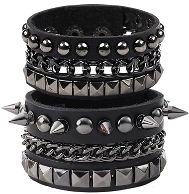 MILAKOO 2 Stücke Punk Nietenarmband breiter PU Lederarmband mit Ketten schwarze Lederarmbänder Set
