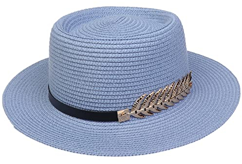 JK Home Femme Chapeau de Paille Panama Large Bord avec Boucle Capeline Eté Anniversaire Camping Plage Bleu Clair