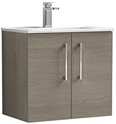 nuie ARN2523B Arno Modern Bathroom Wall Hung 2 Door Vanity Unit with Minimalist Ceramic Basin, 600mm, Woodgrain Solace Oak