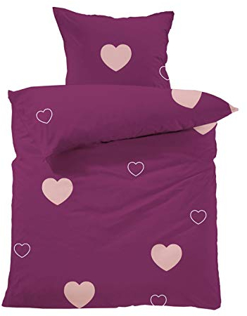 Lavea Kinder Bettwäsche Set – Milena 100 x 135 cm + 40 x 60 cm – Herzmotiv Bordeaux-Rosa – Bettwäsche Mädchen – 100% Bio-Baumwolle – GOTS Zertifiziert – mit Reißverschluss