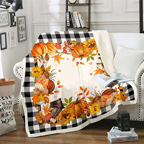 Homewish Büffel Plaid Kürbisse Pilze Decke 150 x 200 Vintage Herbst Ernte Sherpa Decke Herbst Ahornblätter Sonnenblume Decke Werfen Thanksgiving Geschenke Fleece Decke Orange Schwarz Weiß Fuzzy Decke