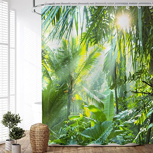 ASDCXZ Rideau de Douche Forêt 180x200 cm, Paysage Naturel Forêt Verte Soleil imperméable Textile Rideau Douche Tissu Lavable pour Baignoire avec 12 Crochets