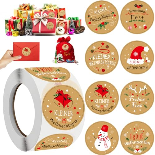 500 Stück Aufkleber Weihnachten, Weihnachtssticker selbstklebend im 8 Stil, 4cm Kraftpapier Weihnachtsaufkleber auf Rolle, Weihnachtssticker, für Umschlag Geschenktüten Papiertüten Weihnachtskarten
