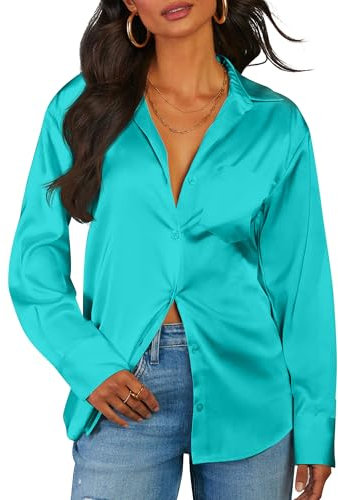 CBOO Elegante Satin-Blusen für Damen, weiche Seidenhemden, Oberteil, Satin-Knopf-Down-Shirts, Büro-Langarmblusenshirt, cyan, XX-Large