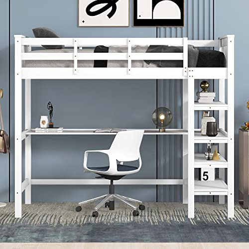 Merax 90 x 200cm Kinderhochbett mit Ablagefächern und Unterbettschreibtisch in Weiß - Vierschichtiges Lagerregal mit großer Kapazität Platzsparend und Funktional