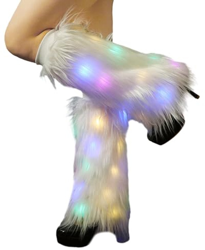 Altsuceser LED Furry Faux Fur Leg Warmer, Light Up Fluffy Boot Covers for Women Girl Party Accessory Set