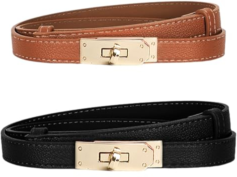 Gürtel Damen Verstellbarer Dünner Gürtel Klassisch Einfarbig Leder 2 Stück Legierung Schnalle Gürtel für Jeans, Hosen, Kleider, Mäntel (C)