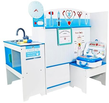 Consultorio médico de Madera para niños – Set Montessori de Juego simbólico con 3 ambientes, Centro médico Completo ATAA Siper
