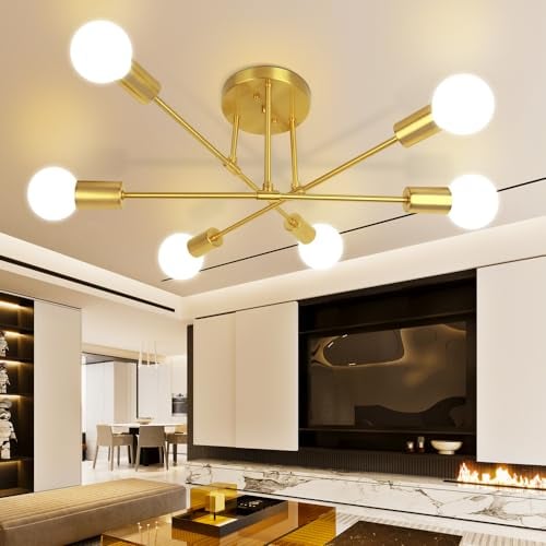 CANMEIJIA Sputnik Kronleuchter Modern 6 Flammig Vintage Deckenlampe Gold Deckenleuchten Metall E27-Fassung für Home Office Hotel Bar Wohnzimmer Esszimmer Schlafzimmer Küche (ohne Glühbirne)