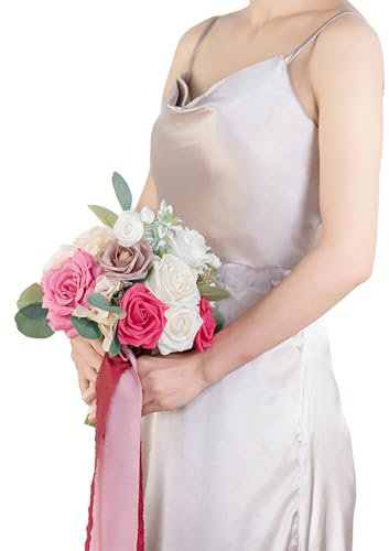 BENCENTRE 17,8 cm großer Fuchsia-Hochzeitsstrauß für Braut, Brautjungfer, kleiner Hochzeitsstrauß, für Heiratsantragsparty und Vintage-Hochzeitszeremonie, Jahrestag, künstliche Blumen