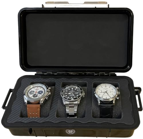 MC-CASES ® kompakte Uhrenbox für bis zu 3 Uhren - Wasserdicht - Extrem geschützt - Made in Germany - Luxery Line carbon Style - hochglanz schwarz - Perfekt für Reisen