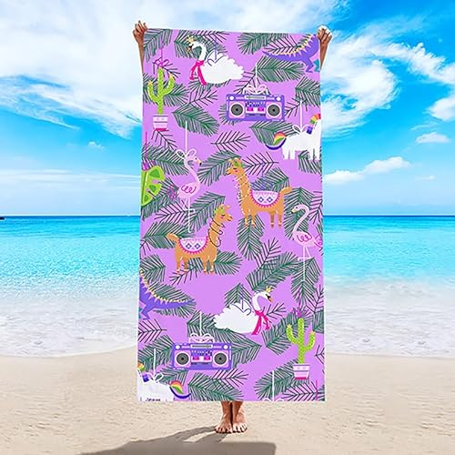 Strandtuch Purpurkaktus Alpaka Mikrofaser Handtuch Badetücher Absorbierendem Strandtuch Mikrofaser Weich Mikrofaser Handtuch Groß für Camping Fitnessstudio Reise Strandhandtuch 100x200cm