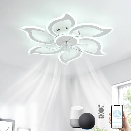 LJX Lampara Ventilador Silencioso Compatible con Alexa 88cm Flor Ventilador de Techo con Luz y Mando a Distancia 2.4GHZ Wifi Temporizador Regulable para Dormitorio Salón, Blanco