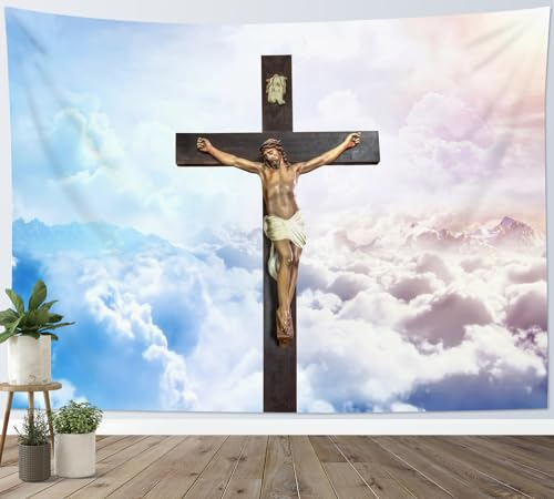 LB Wandteppich Christlich Wandtuch Jesus auf dem Kruzifix Wandbehang Blaue und weiße Wolke am Himmel Tapisserie für Wohnzimmer Schlafzimmer Wohnheim Wanddeko,235x180cm