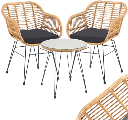 BAKAJI Lot de 3 meubles de jardin en rotin avec table basse en verre et 2 chaises avec coussins rembourrés, décoration extérieure, patio, balcon, terrasse, design moderne élégant