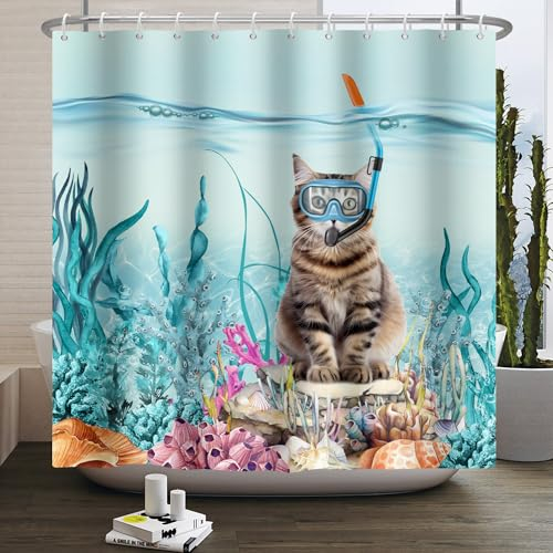 SDOTPMT 105x160cm Chat Rideau de Douche Mignon Chaton plongée en mer Cyan Corail algues Rideau de Salle de Bains Tissu imperméable Polyester Salle de Bains Home Decor Crochet